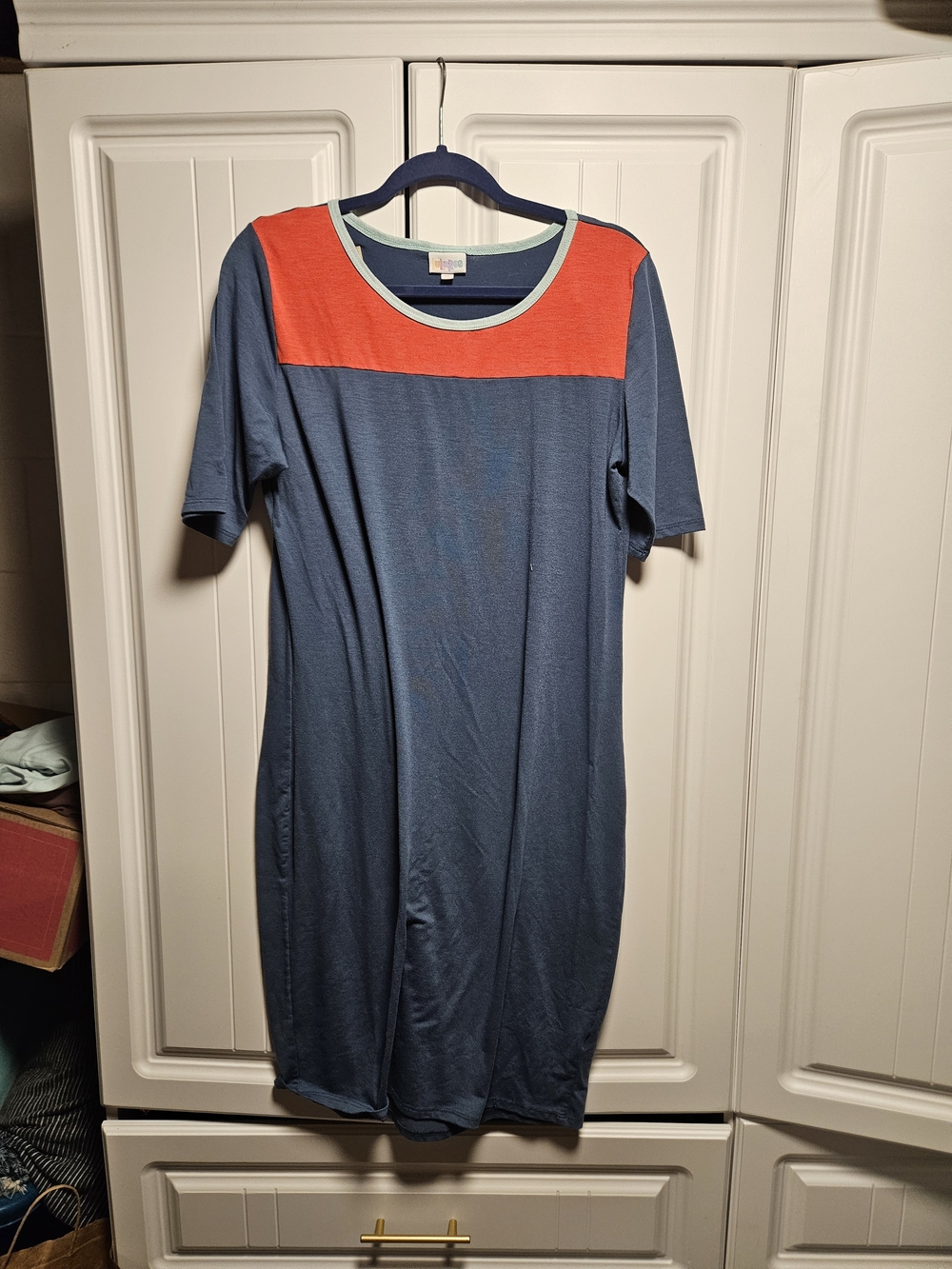 LuLaRoe Navy Dress with Coral Yoke and Mint Trim